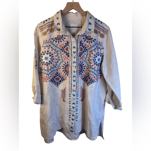 John Mark Beige Tunic Linen with Vibrant Embroidery Size Large - Picture 2 of 6